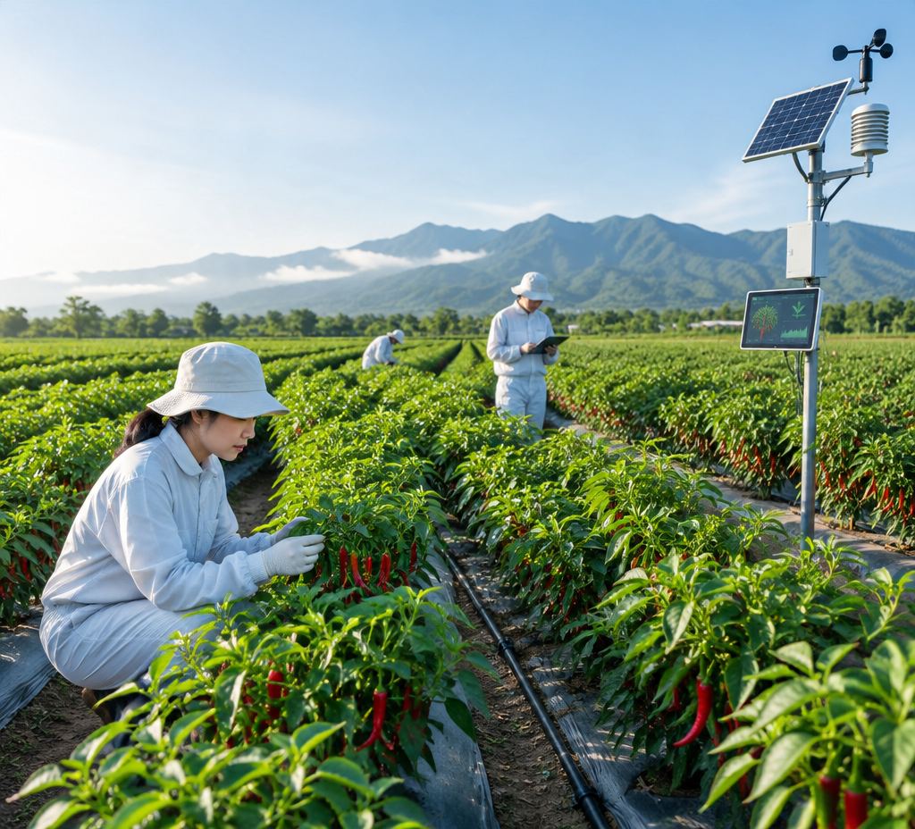 Kỹ sư kiểm tra cây ớt trên cánh đồng