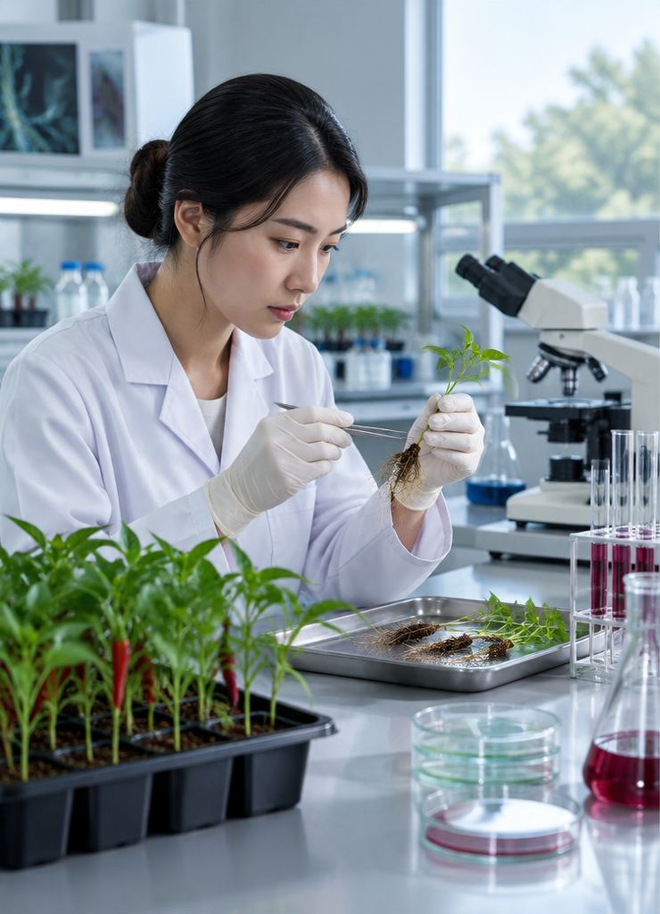Kỹ sư kiểm tra cây ớt giống trong phòng thí nghiệm